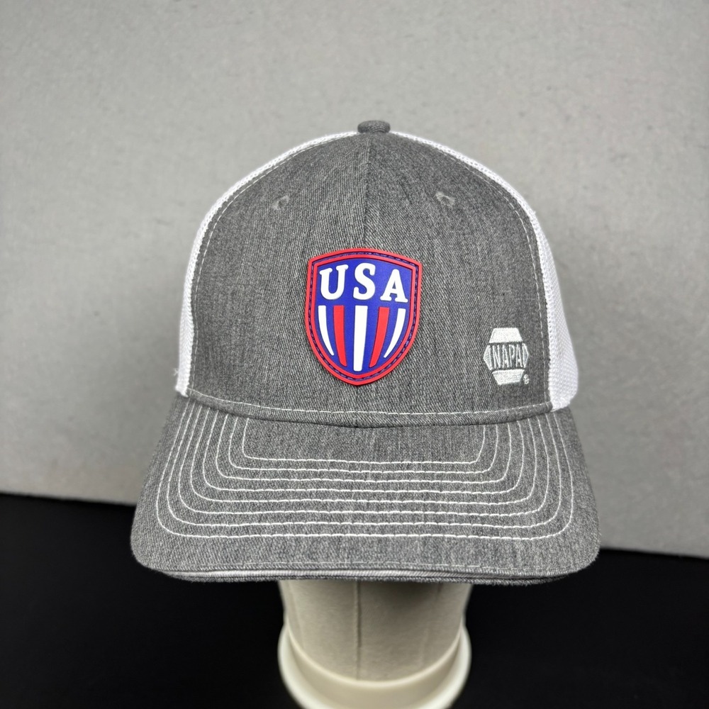 NAPA Auto Parts Promo Hat USA Shield Patch Gray White Meshback Snapback OSFM